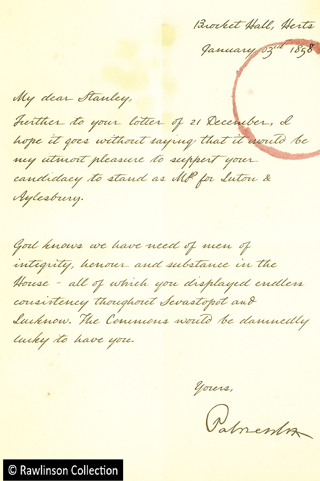 Palmerston letter of support, 1858